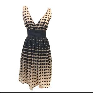 Anthropologie Burlapp Midi Dress | Size 6 | Tan & Black Polka Dot Optical Illusi